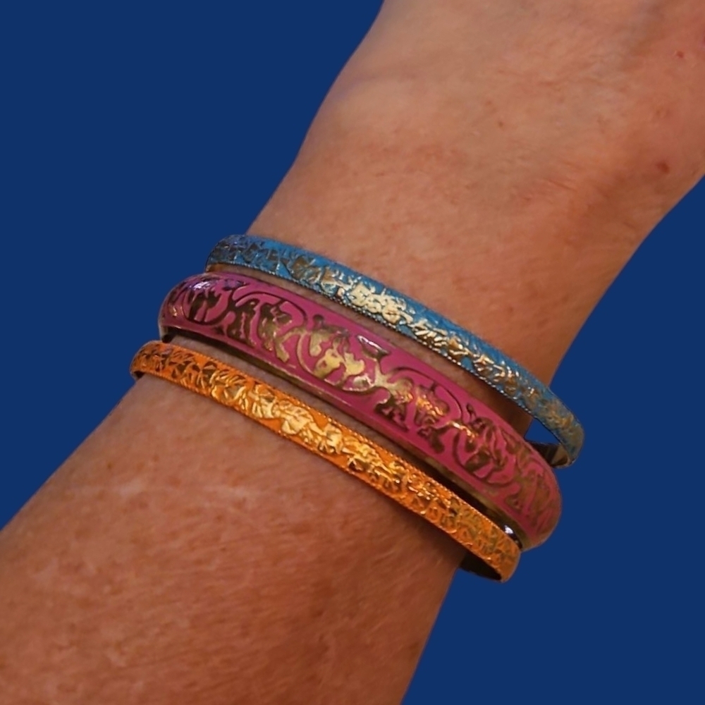 Vintage Set of Three Colorfu Floral Brass Metal Indian Bangle Bracelets